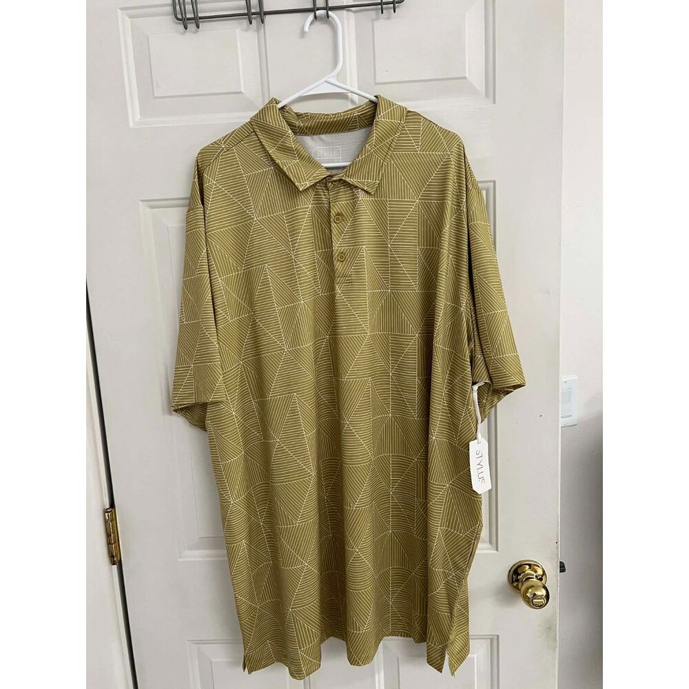 NWT Stylus 3XLT Big and Tall Men's Polo Green Gold Line Geometric Print Stretchy